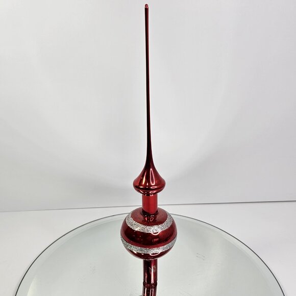 Vintage Glass Christmas Tree Topper Red With Silver Glitter Stripes 11.5" Long - Picture 2 of 7